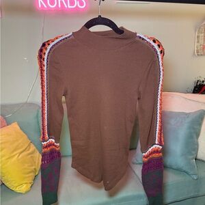 Free People Brown Long Sleeve Top with Multicolor Accents
